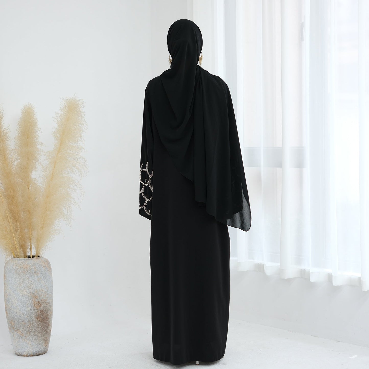 LM6608 Solid Color LMnd-beaded Long Cardigan (headscarf Not Included)