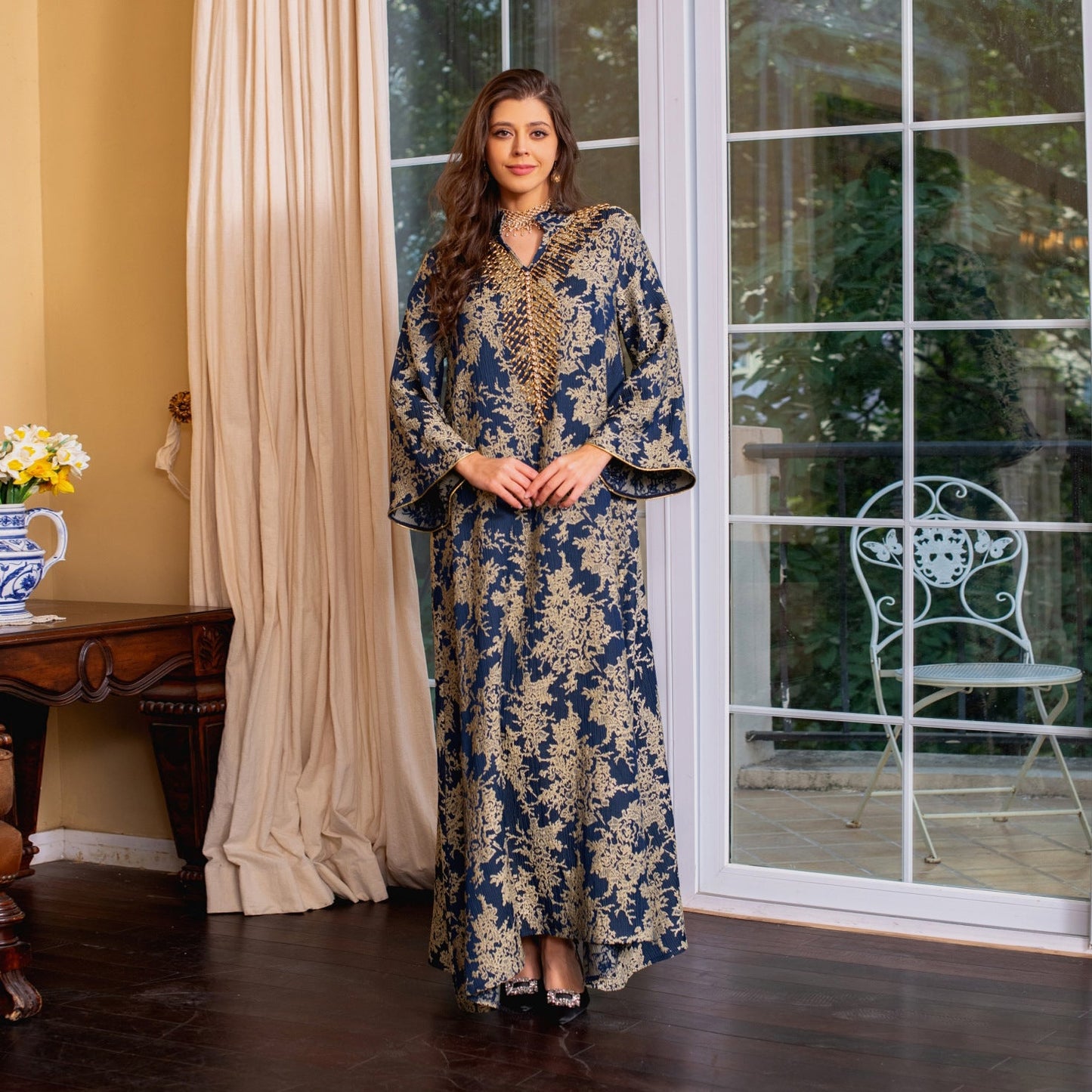 LM6660 Jacquard fabric embroidered beaded robe dress with rich design features