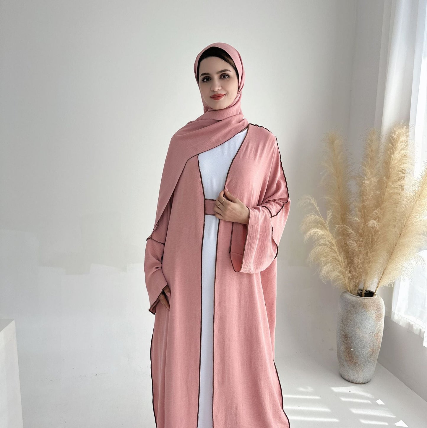 LMSA LM1246H 2 PCS SET Crepe Solid Color Loose Hem Cardigan Robe with Hijab
