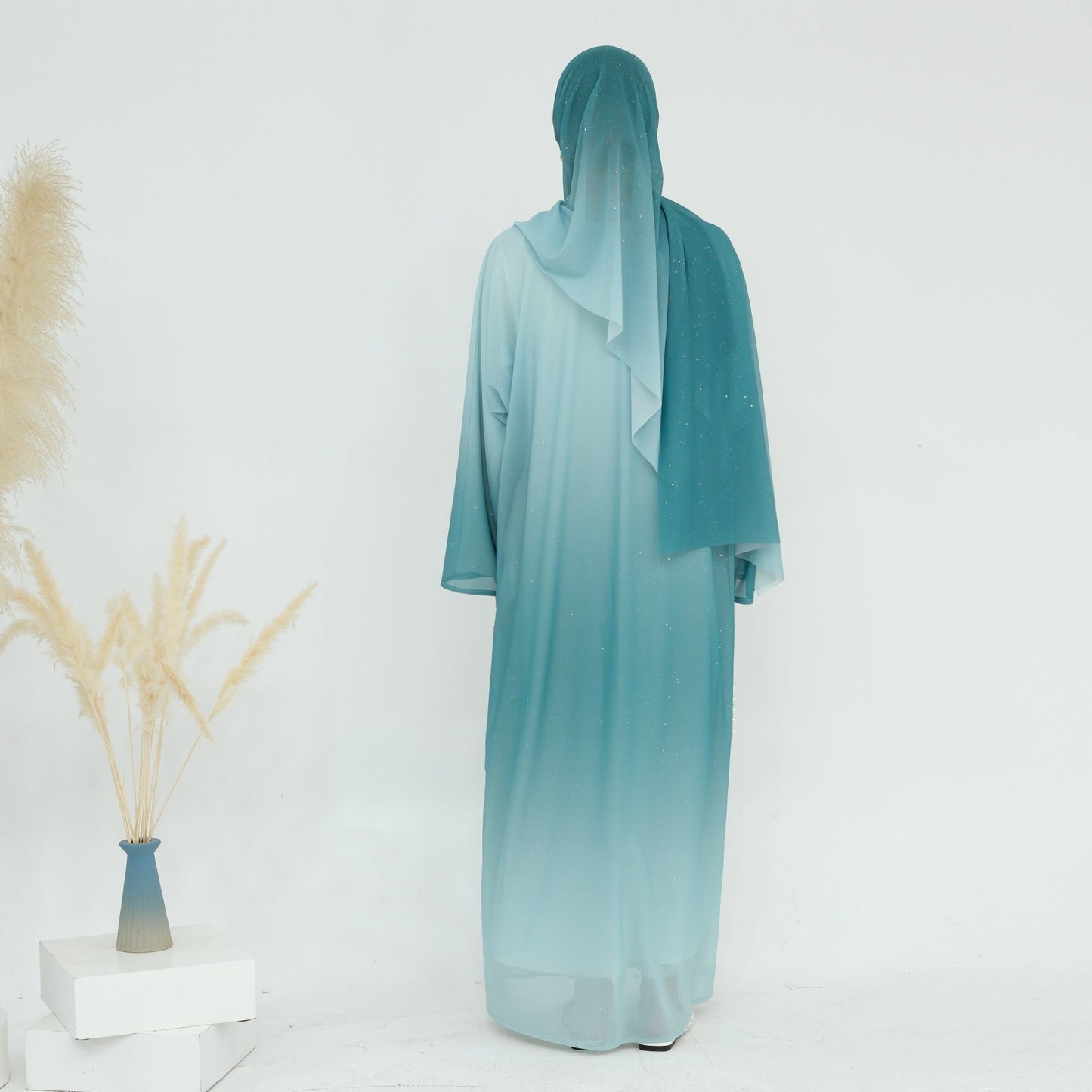 LM6617 Gradient Color Long Cardigan Two-Piece Set (Including Headscarf)