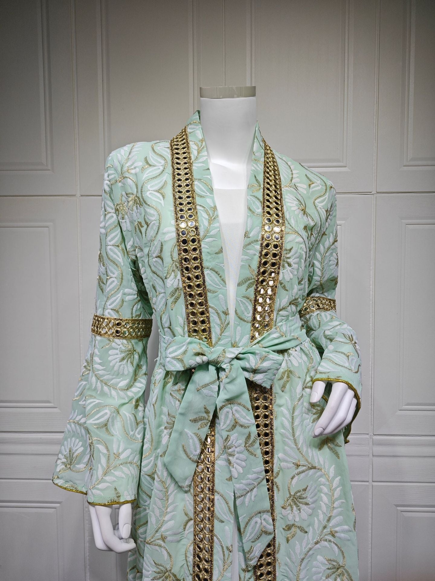 LM6664 Waist-cinching belted long dress set with lightweight printed jacket