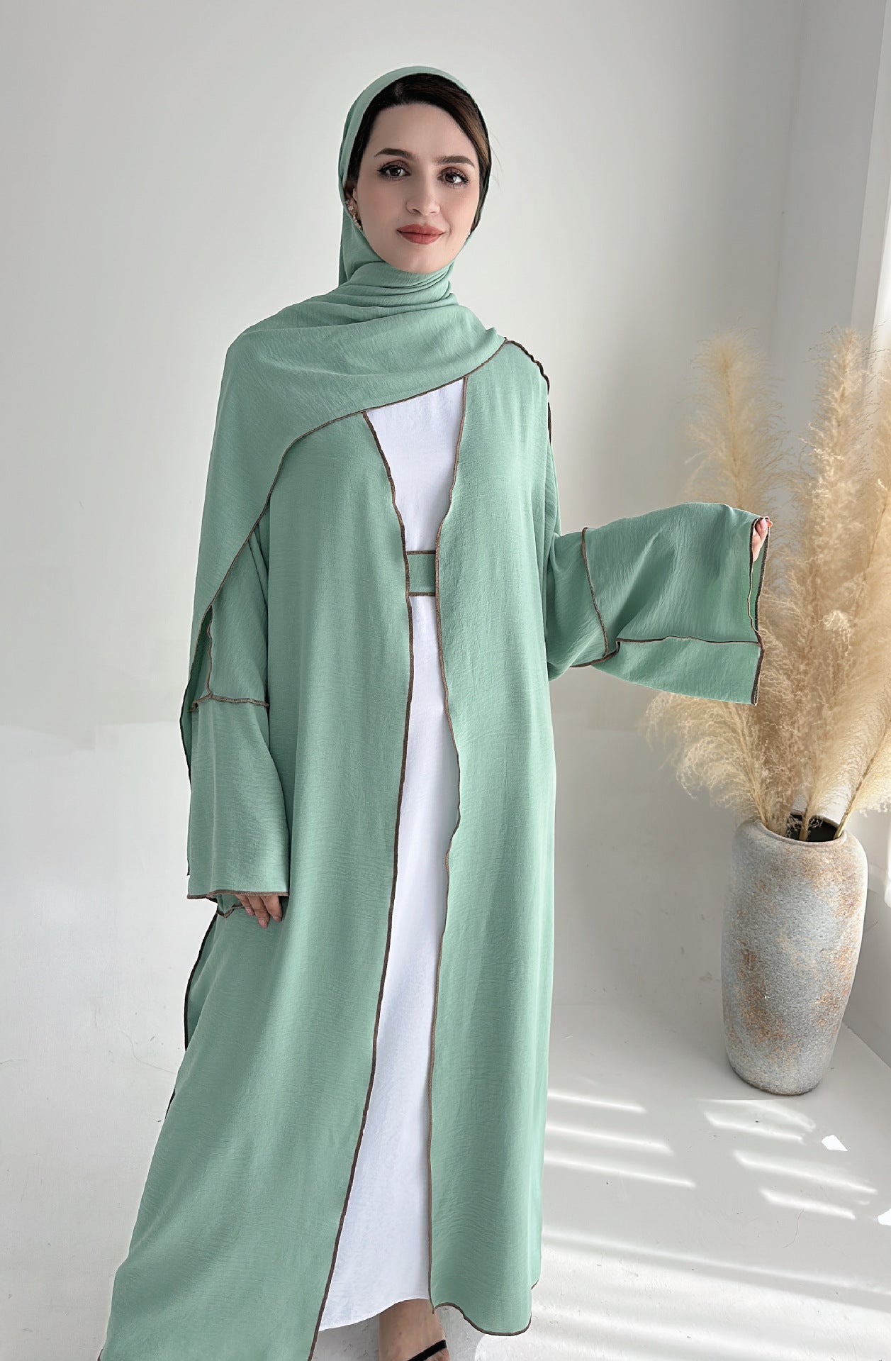 LMSA LM1246H 2 PCS SET Crepe Solid Color Loose Hem Cardigan Robe with Hijab