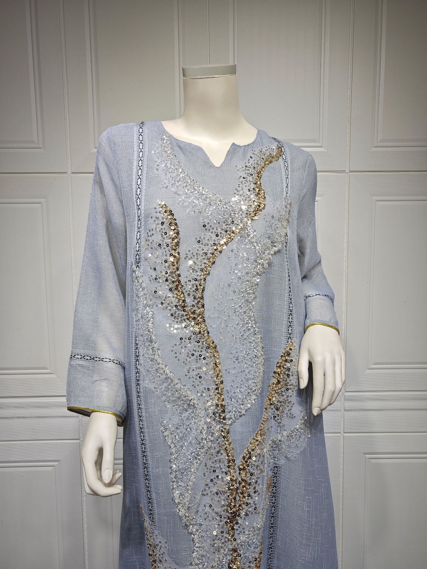 LM6637  Mesh Sequined Embroidered Long Dress