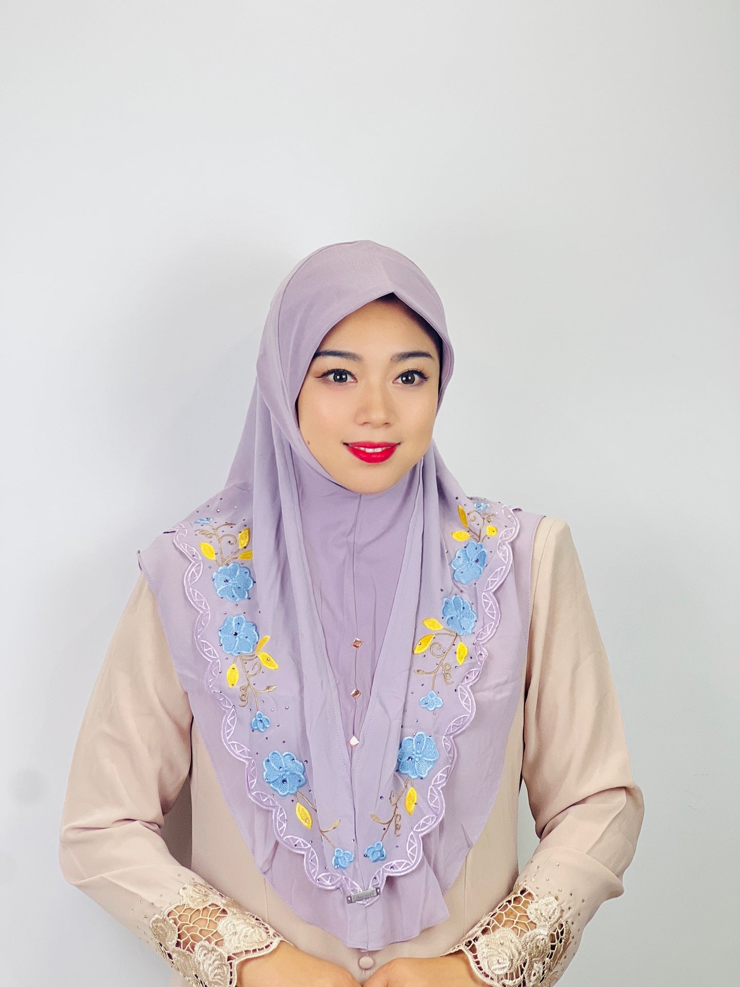 LUMAYA LM1105 Double Layered Floral Embroidered Lace Headscarf for Women