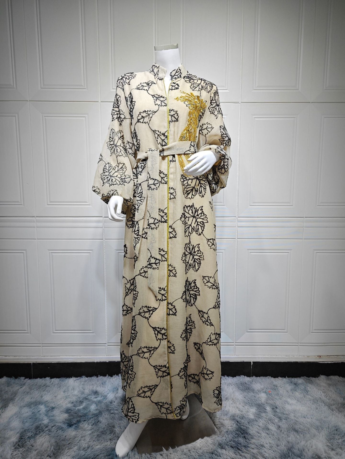 LM6651  Floral Print Long Dress, Elegant Stand-up Collar Evening Gown