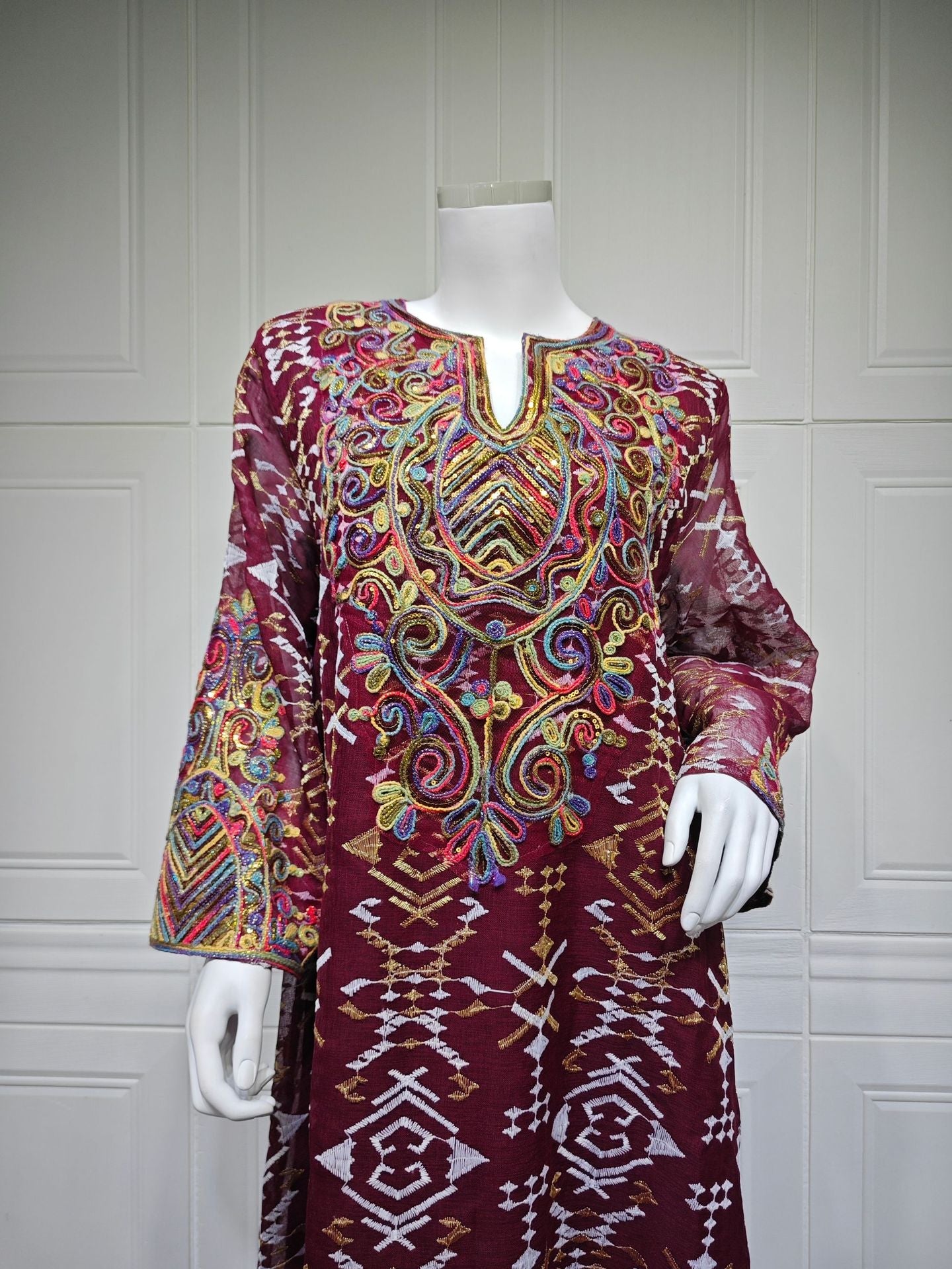 LM6663 Mesh Embroidery Patchwork Long-sleeved Dress, Robe-style Loose Fit
