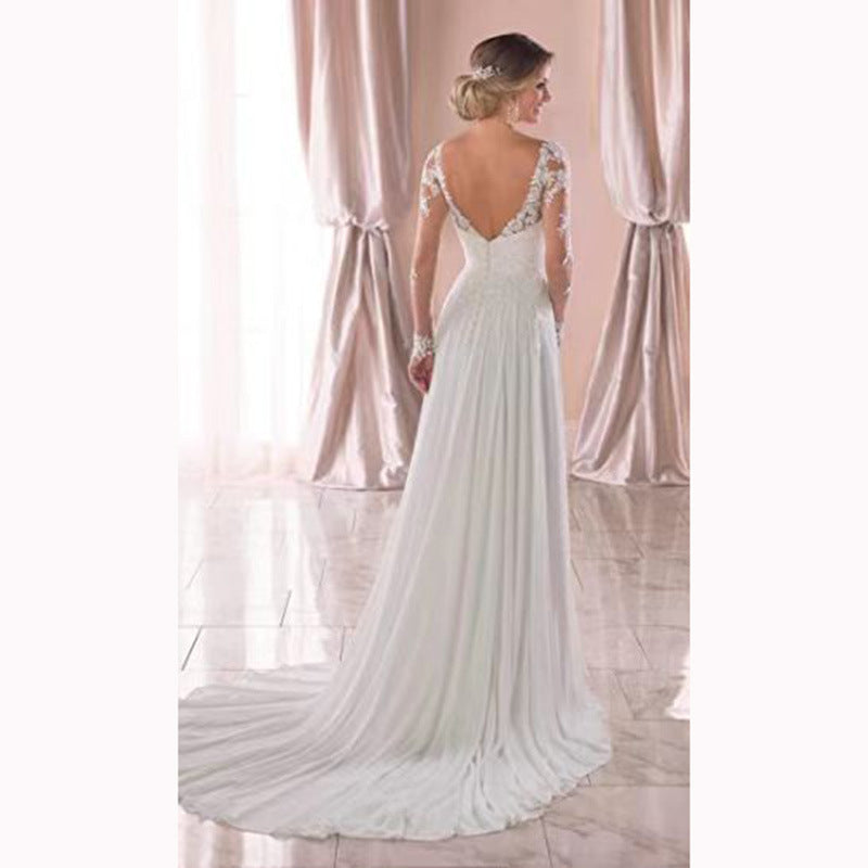 LM3494 trailing V-neck long-sleeved lawn travel backless lace light wedding dress