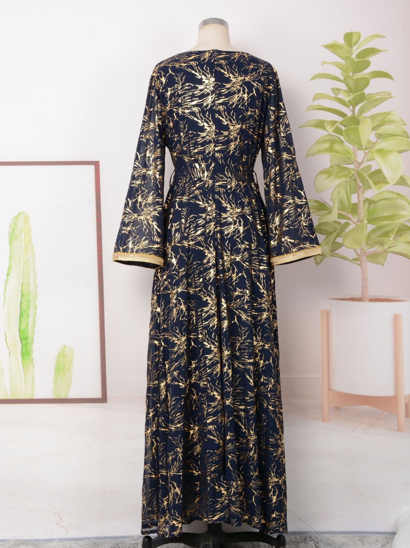 HS6731 V-neck gold-embroidered robe maxi dress