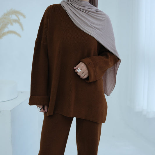 LM6599 Autumn and Winter Thickened Knitted Suit Solid Color Two-piece Suit (excluding Headscarf) Top + Trousers