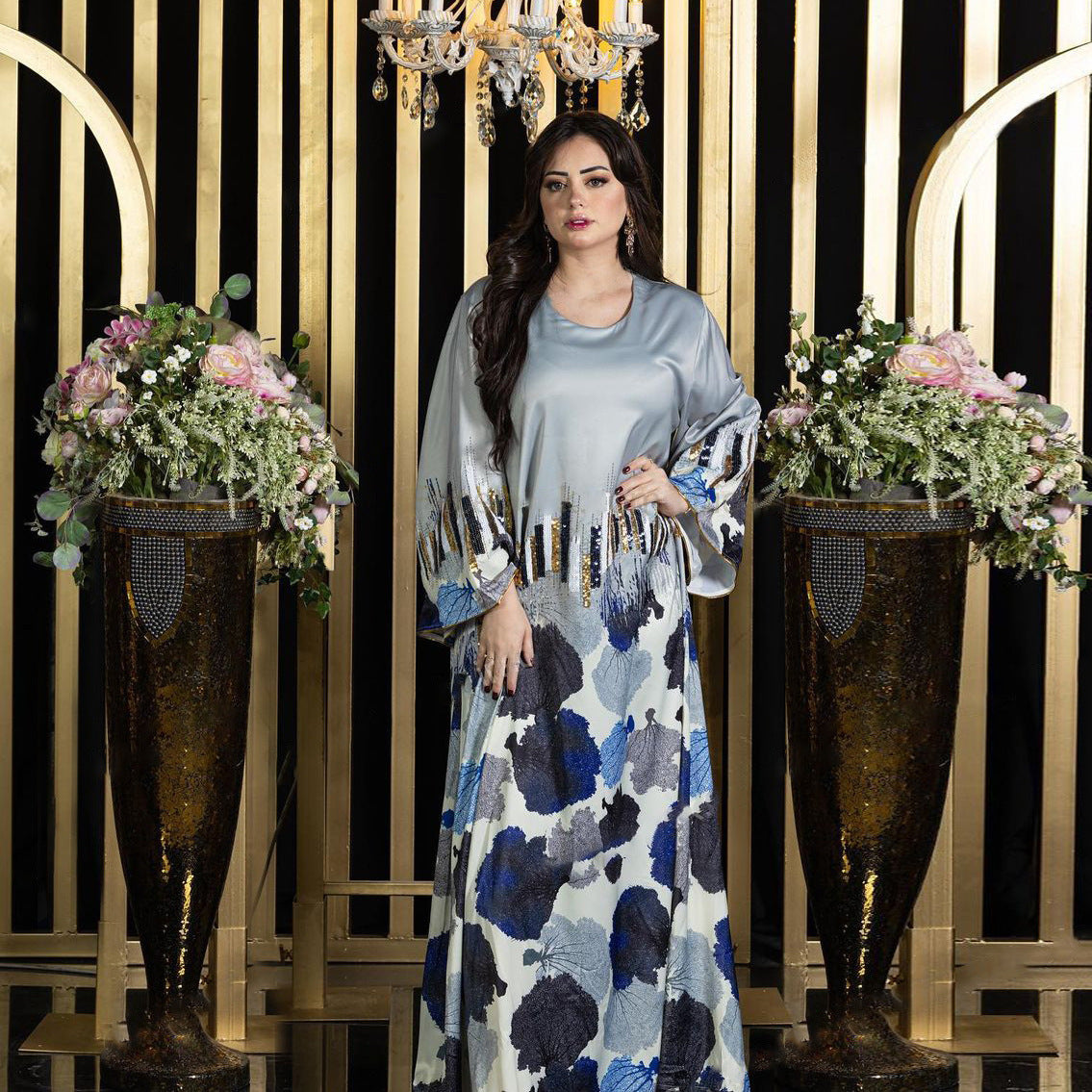 LM6665 Sequined, loose-fitting long dress with print and sequin design.