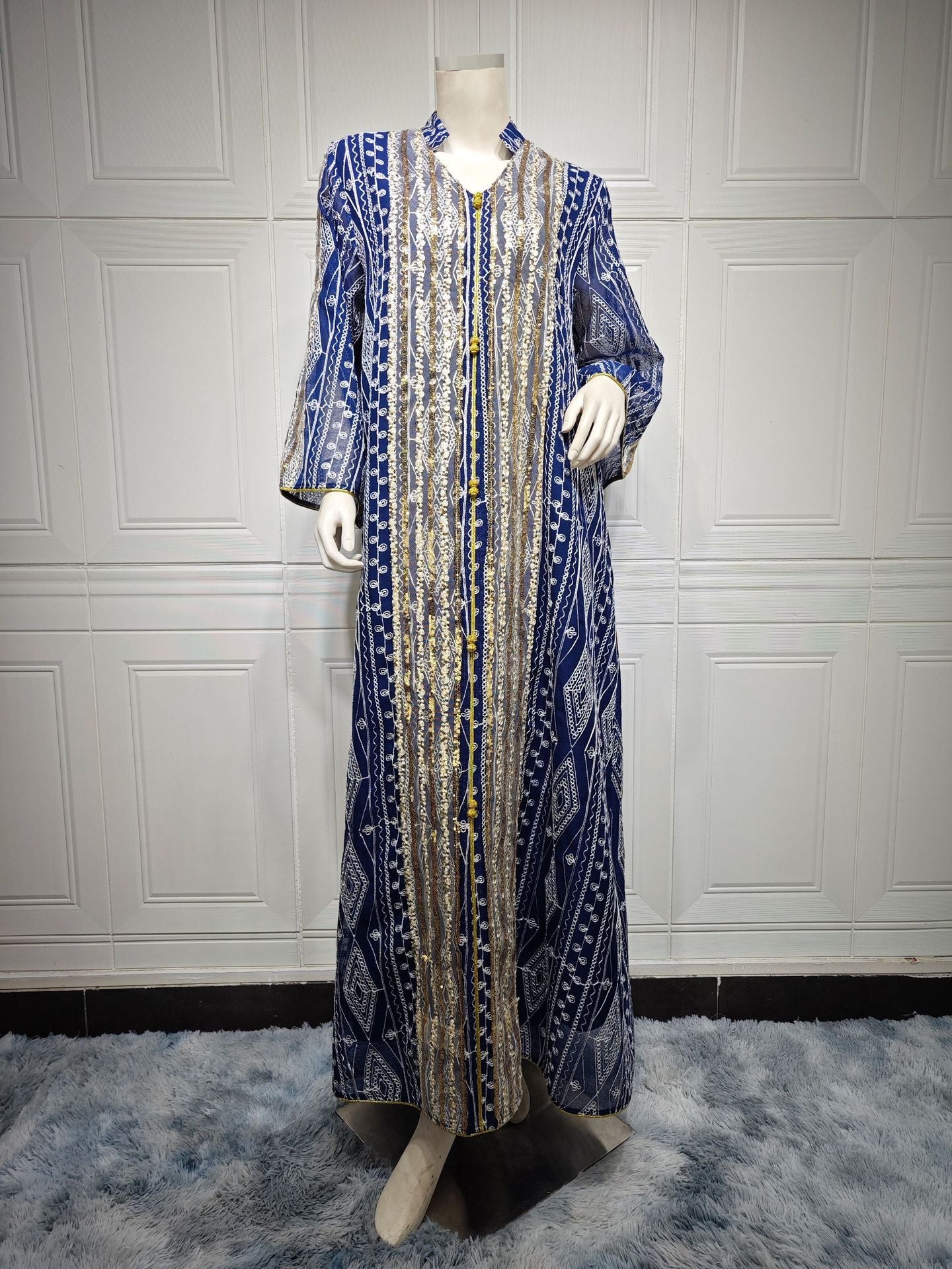 LM6662 Mesh embroidery sequin patchwork long-sleeved dress, loose robe style