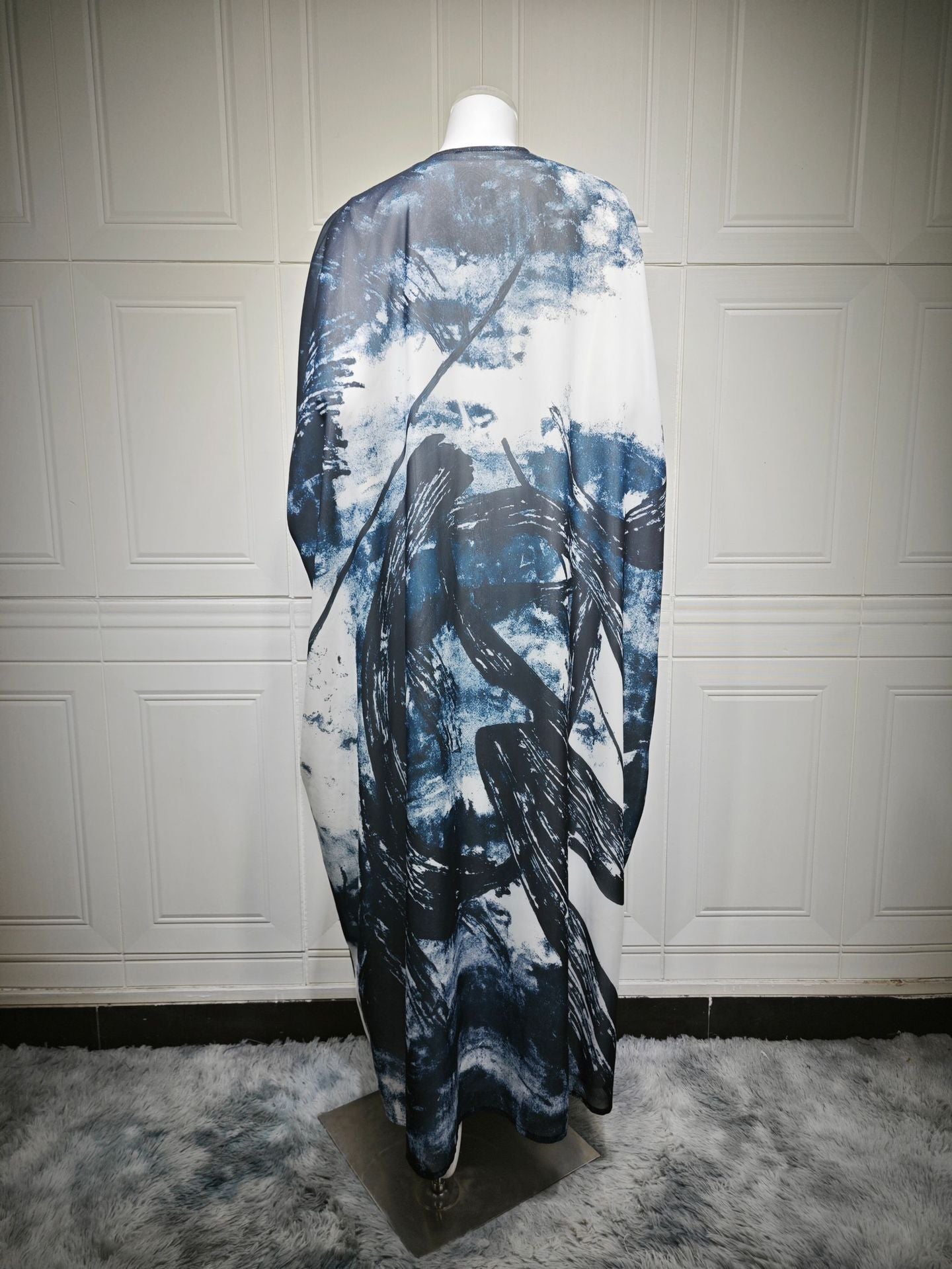 LM6638 Chiffon Printed Cardigan Two-piece Long Coat with Headscarf