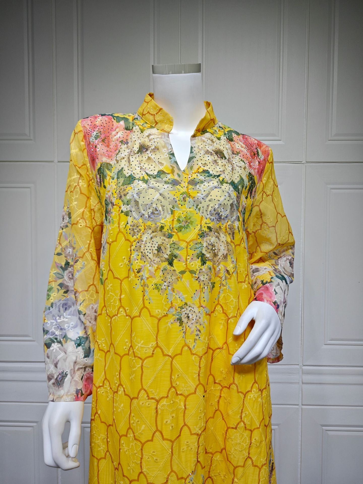 LM6636 Floral Print Embroidered Long Dress