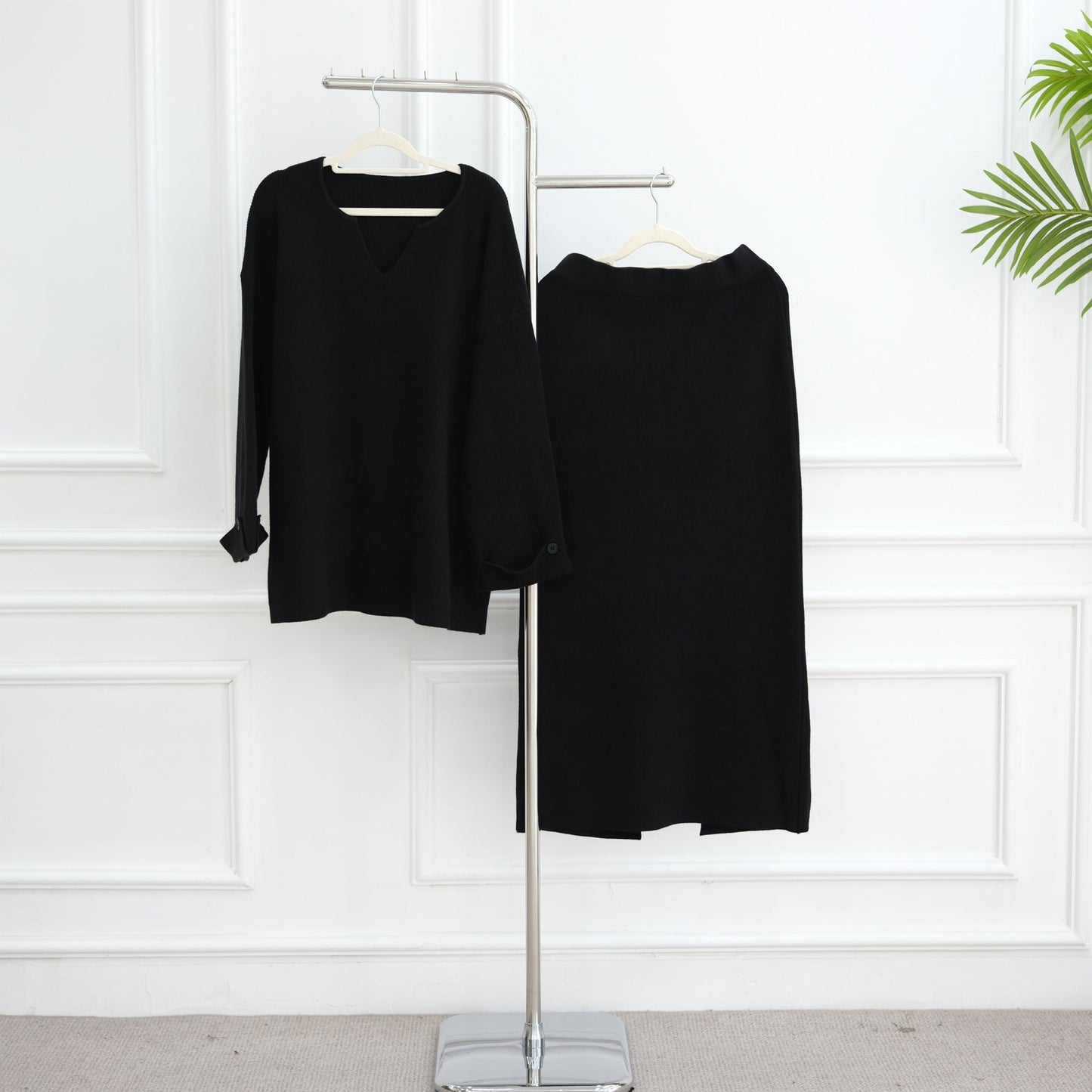 LM6597 Autumn and winter thickened knitted suit solid color two-piece suit (excluding headscarf) top + skirt