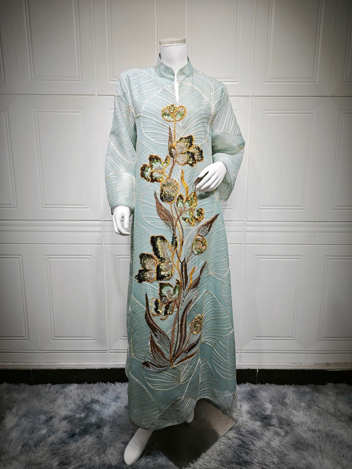 LM6657 Women's Long Robe Dress with Mesh Embroidery