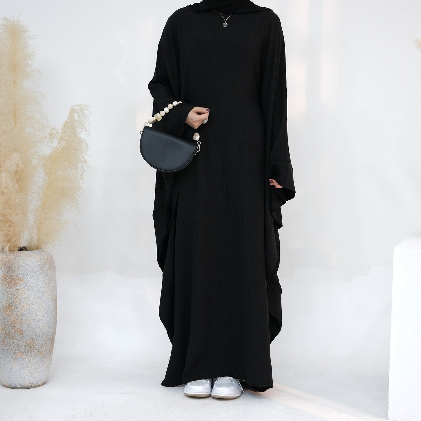 LUMAYA LM1177 Waist Raging Bat Sleeves Dress Crepe Kaftan with Built-in Belt
