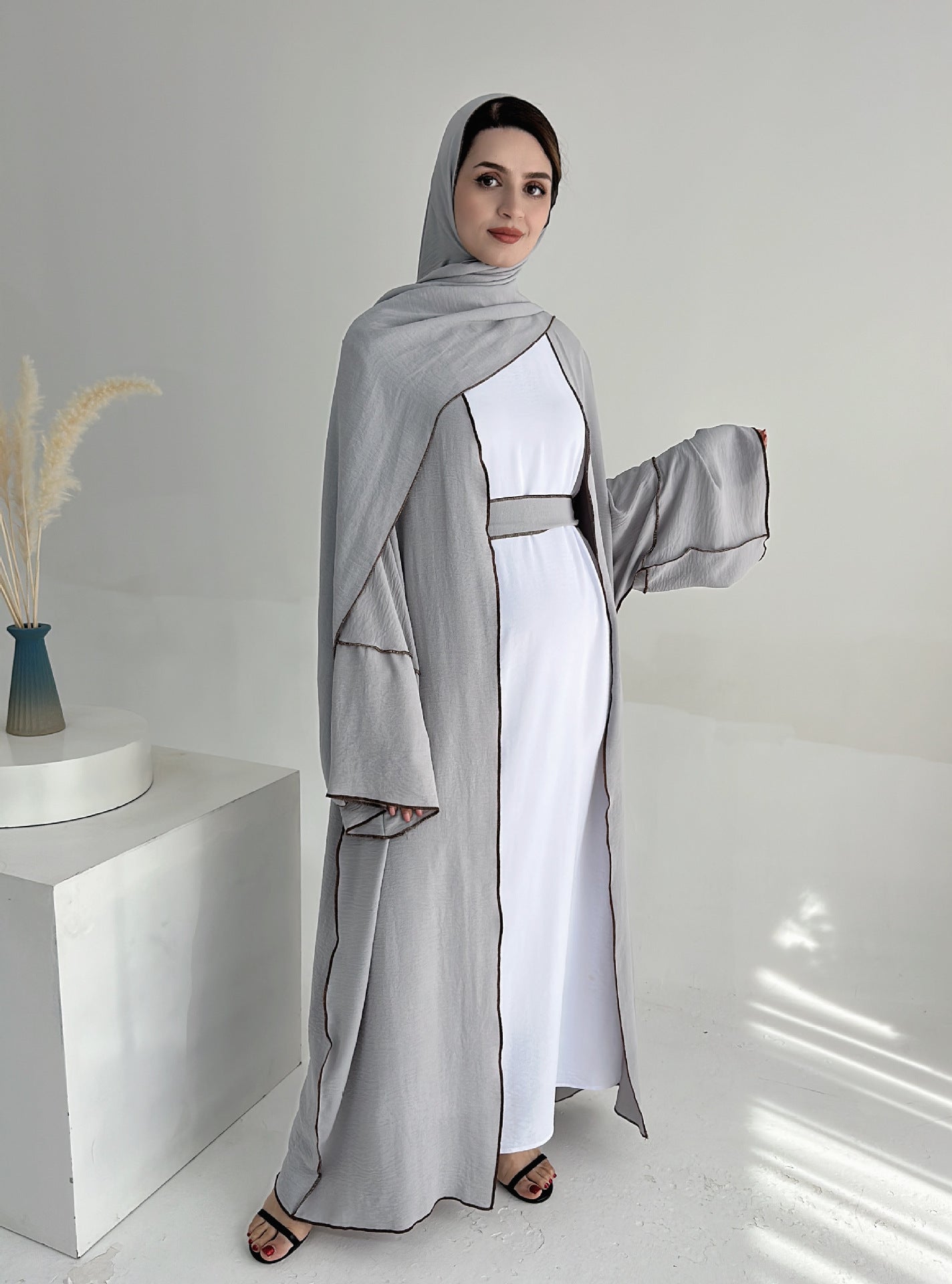 LMSA LM1246H 2 PCS SET Crepe Solid Color Loose Hem Cardigan Robe with Hijab