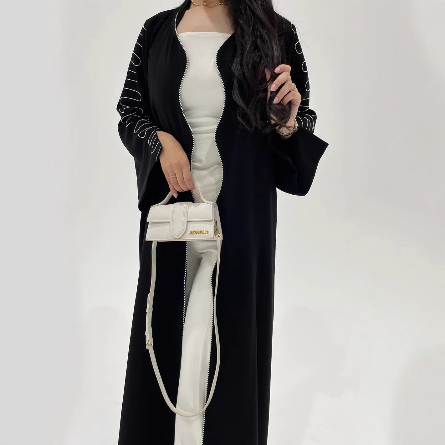 LM6582 Abaya Long Embroidered Wavy Edge Cardigan