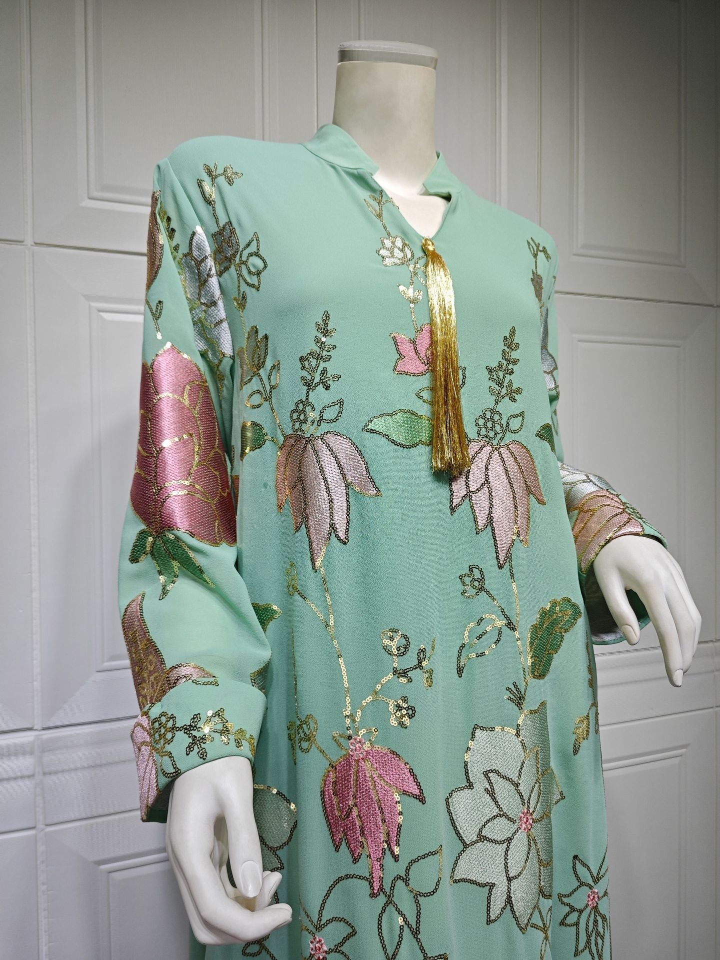 LM6649 Sequined Embroidered Tassel Long Robe, Elegant and Sophisticated Dress