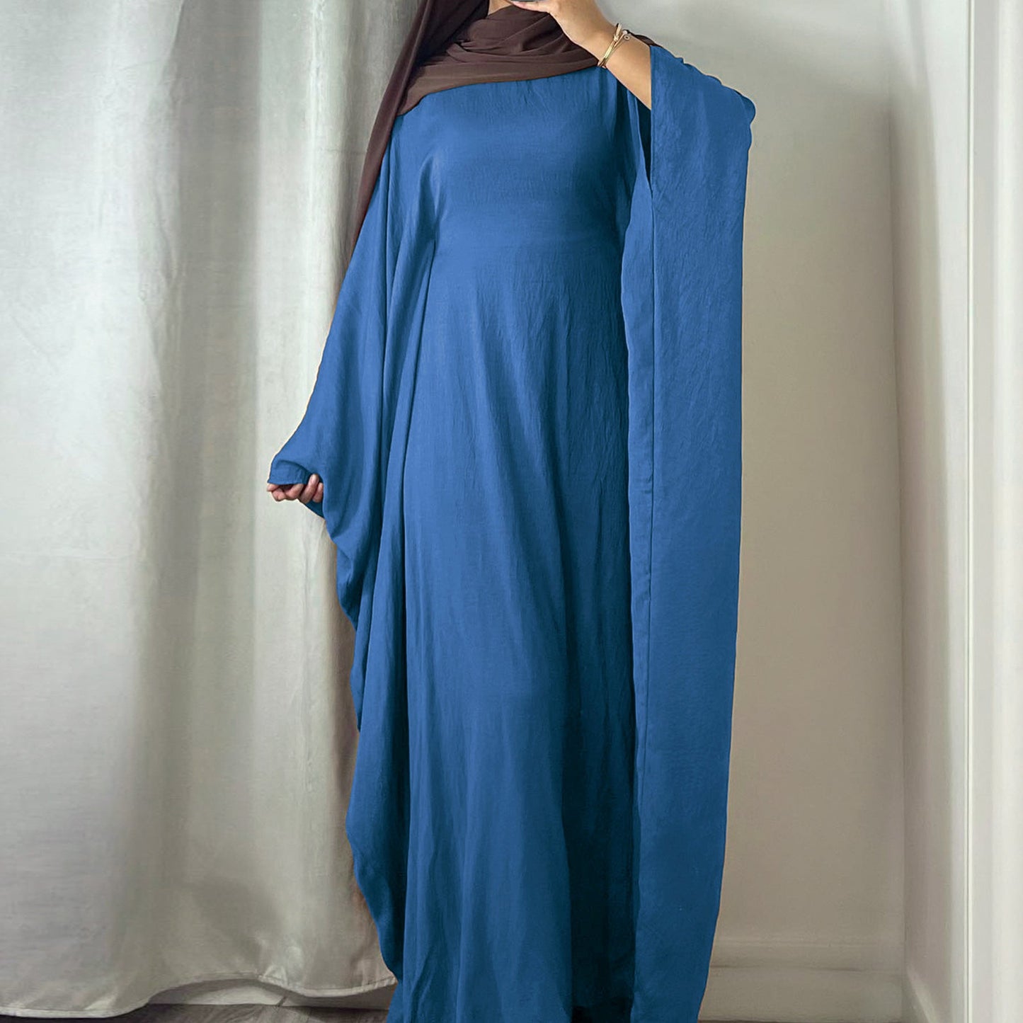LUMAYA LUMAYA0997 Crepe Kaftan with Built-in Belt Waist Bat Sleeves Dress