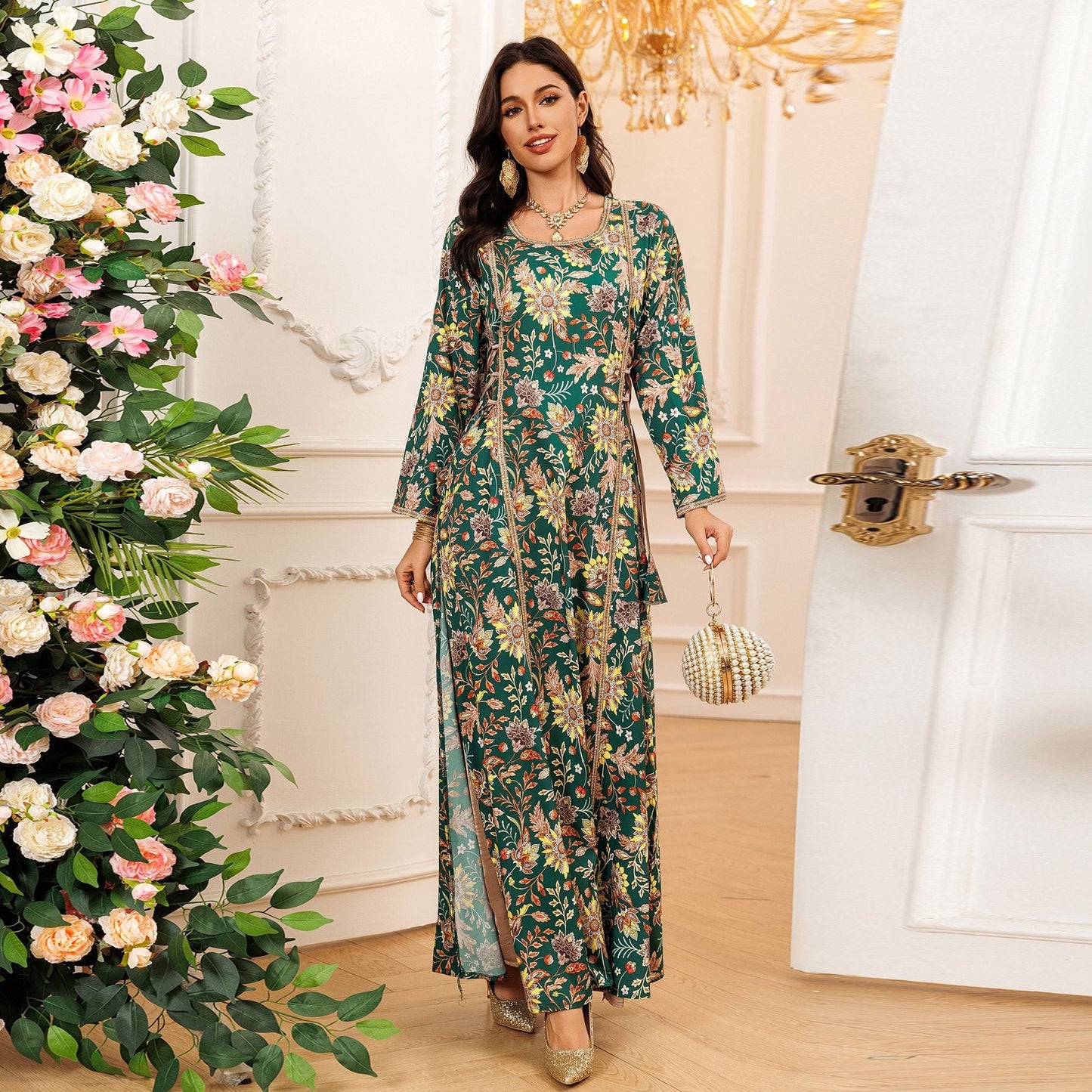 LM6641 Printed Rhinestone Long Dress