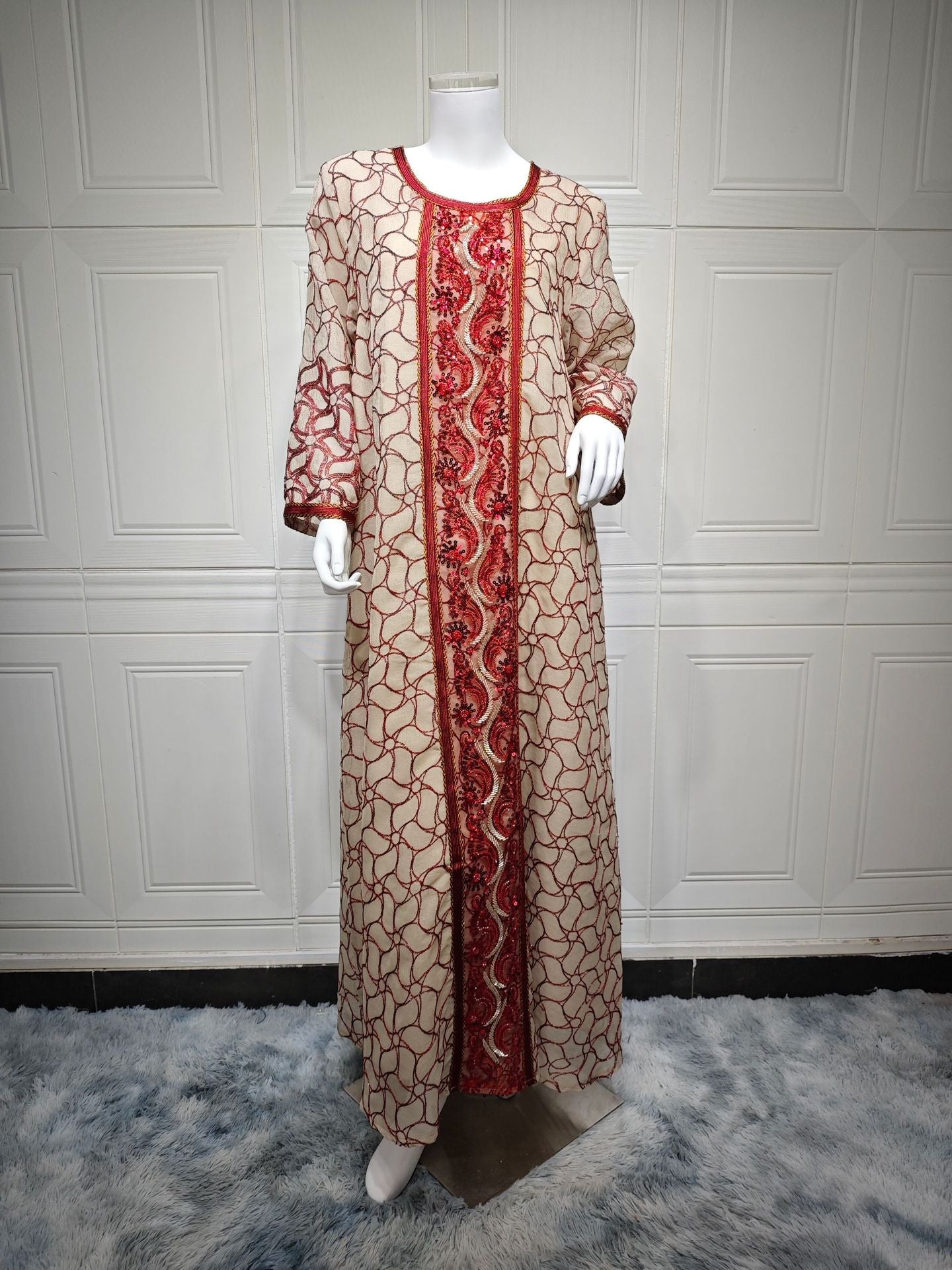 LM6668 A Simple and Elegant Long Dress Adorned with Mesh Embroidery.