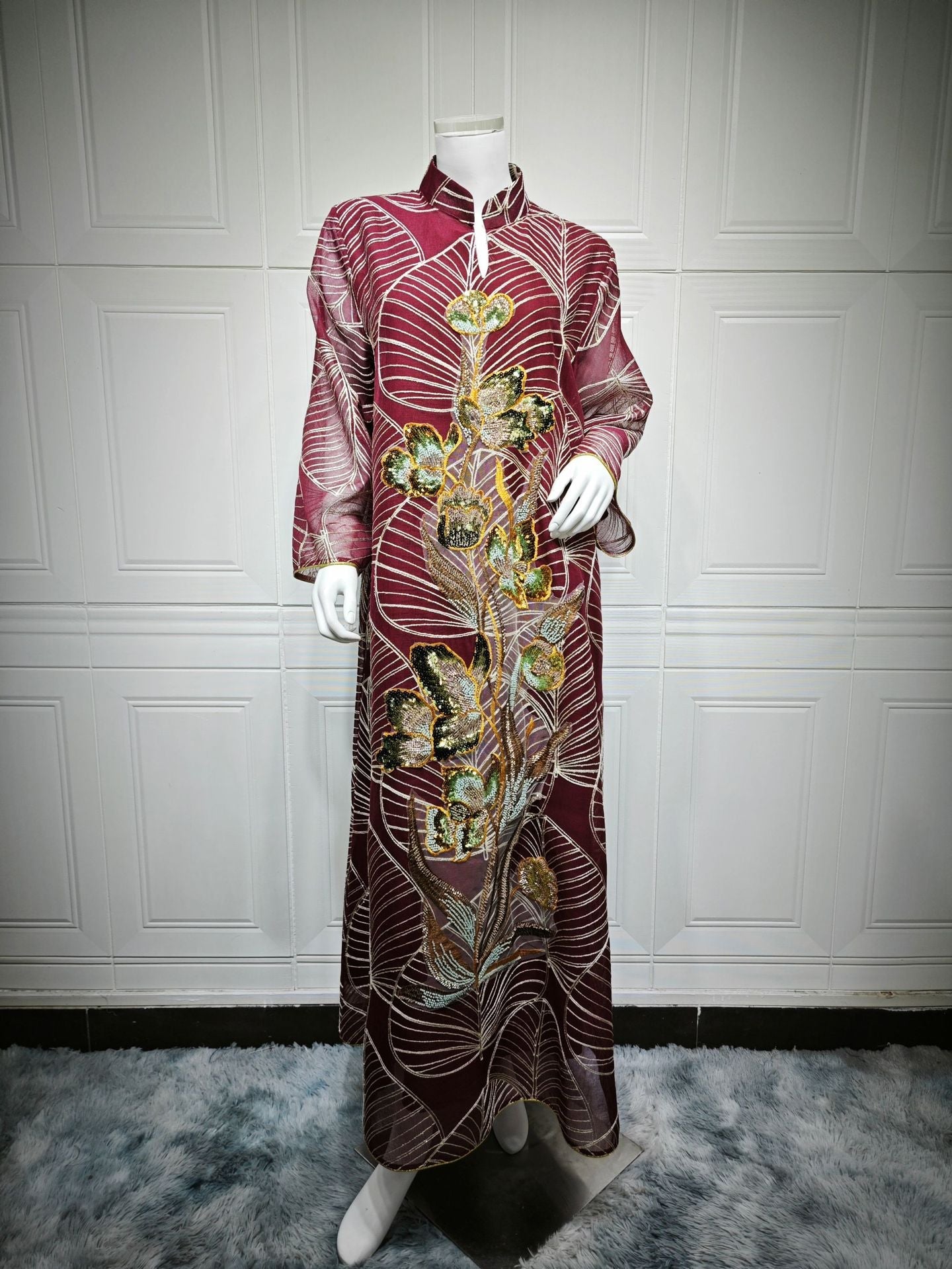 LM6657 Women's Long Robe Dress with Mesh Embroidery