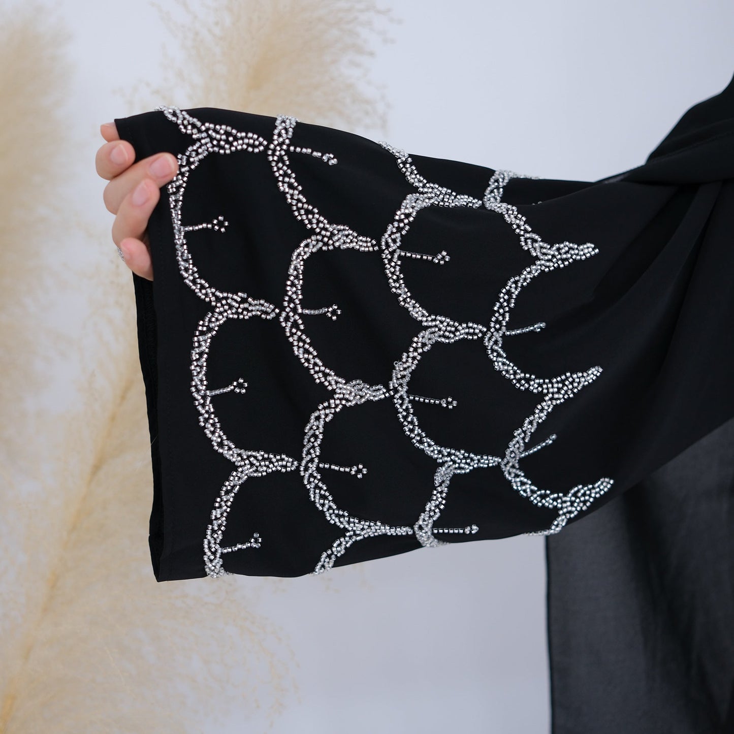 LM6608 Solid Color LMnd-beaded Long Cardigan (headscarf Not Included)