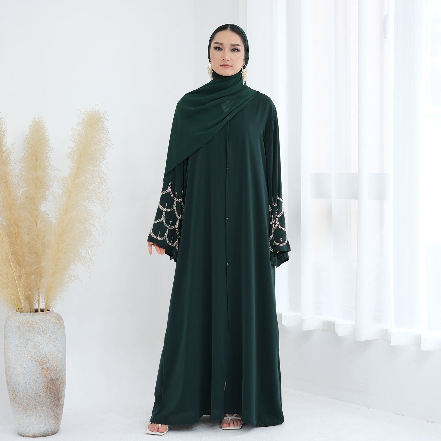 LM6608 Solid Color LMnd-beaded Long Cardigan (headscarf Not Included)