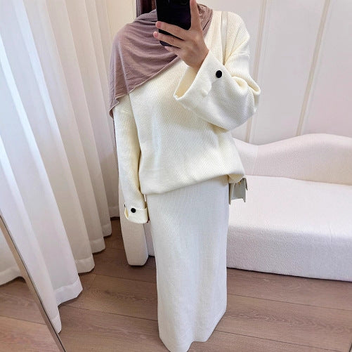 LM6597 Autumn and winter thickened knitted suit solid color two-piece suit (excluding headscarf) top + skirt