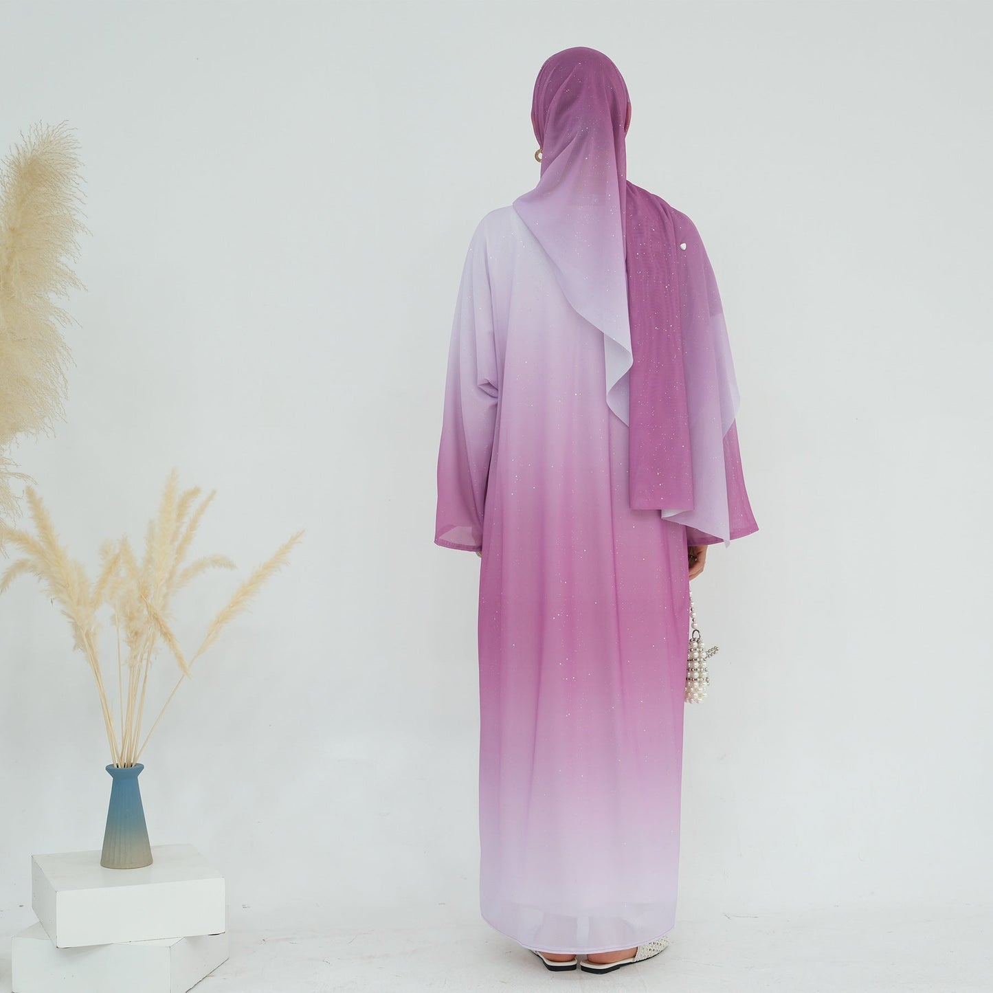 LM6617 Gradient Color Long Cardigan Two-Piece Set (Including Headscarf)