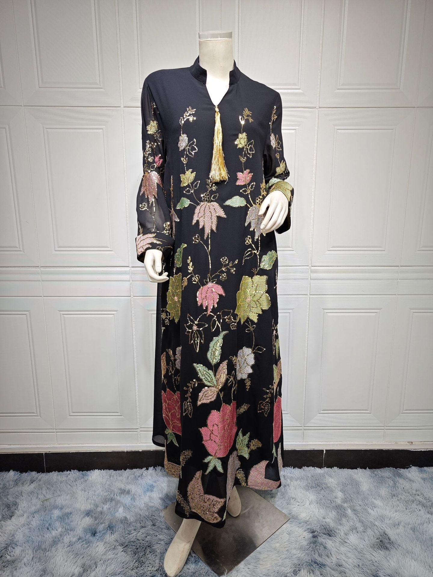LM6649 Sequined Embroidered Tassel Long Robe, Elegant and Sophisticated Dress