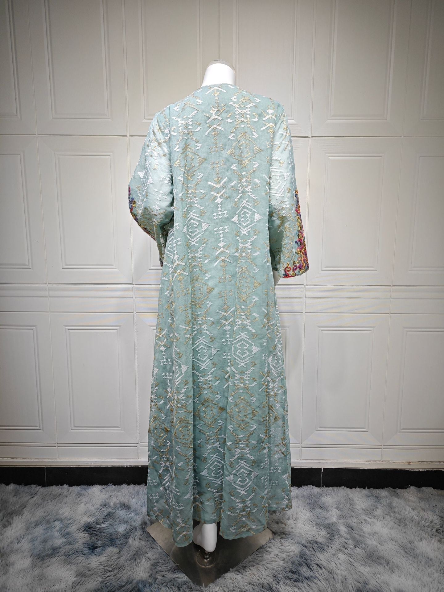 LM6663 Mesh Embroidery Patchwork Long-sleeved Dress, Robe-style Loose Fit
