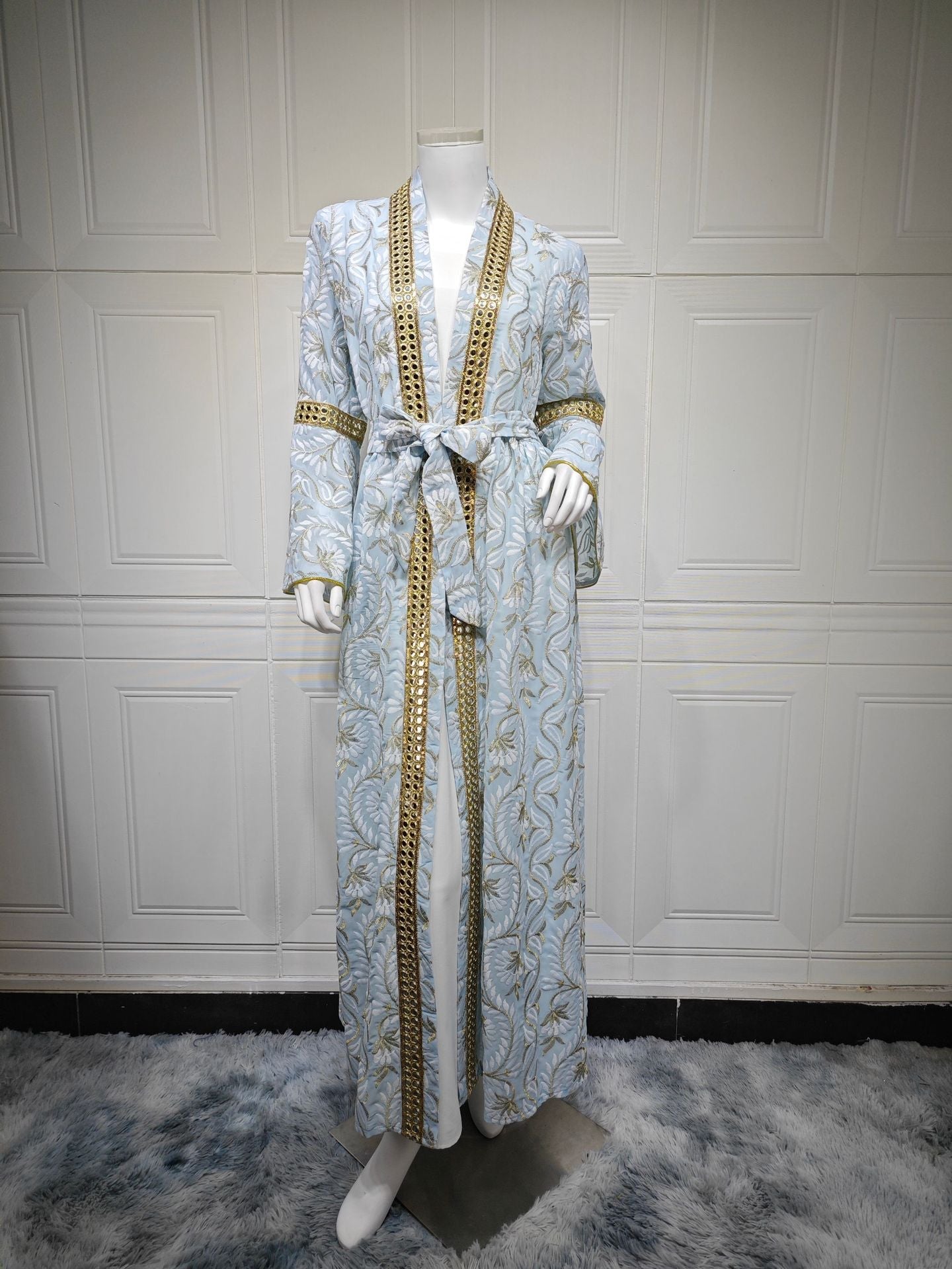 LM6664 Waist-cinching belted long dress set with lightweight printed jacket