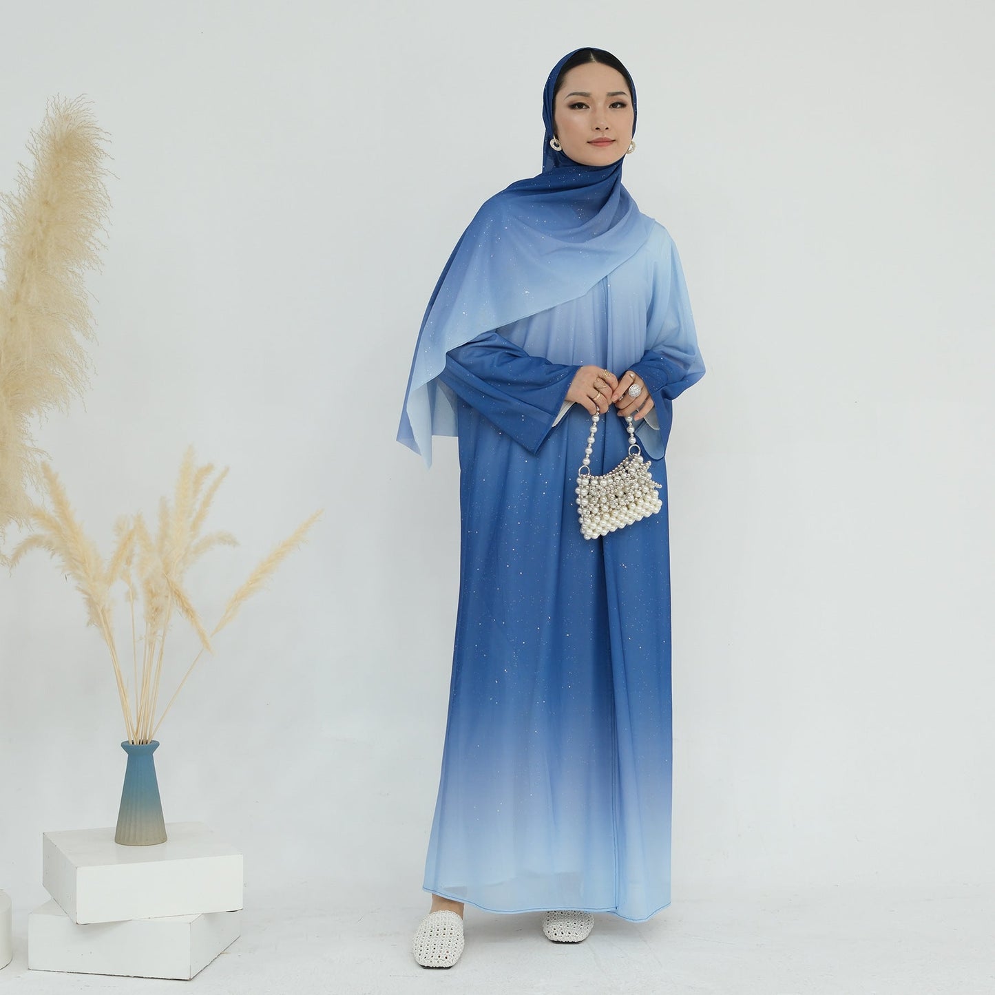 LM6617 Gradient Color Long Cardigan Two-Piece Set (Including Headscarf)