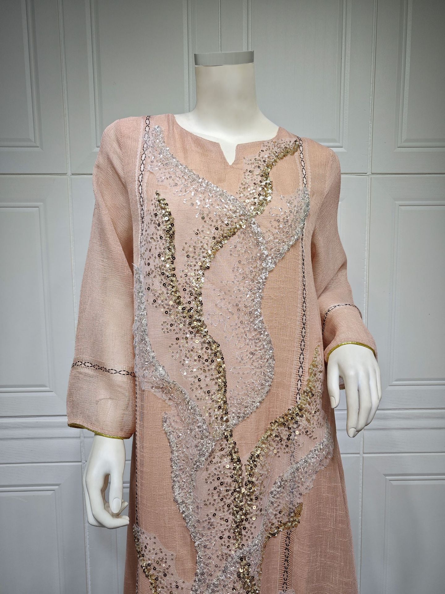 LM6637  Mesh Sequined Embroidered Long Dress