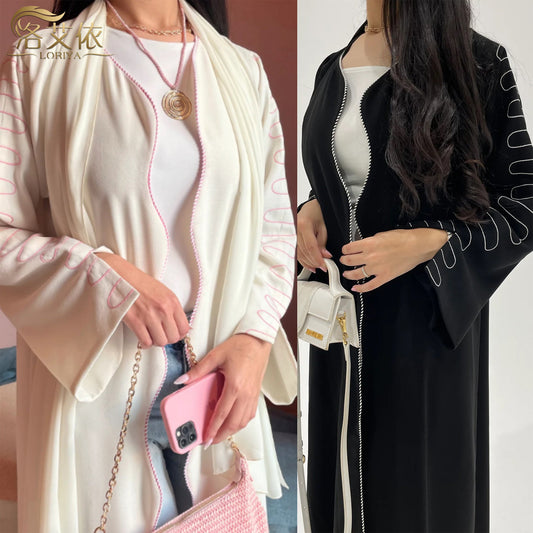 LM6582 Abaya Long Embroidered Wavy Edge Cardigan