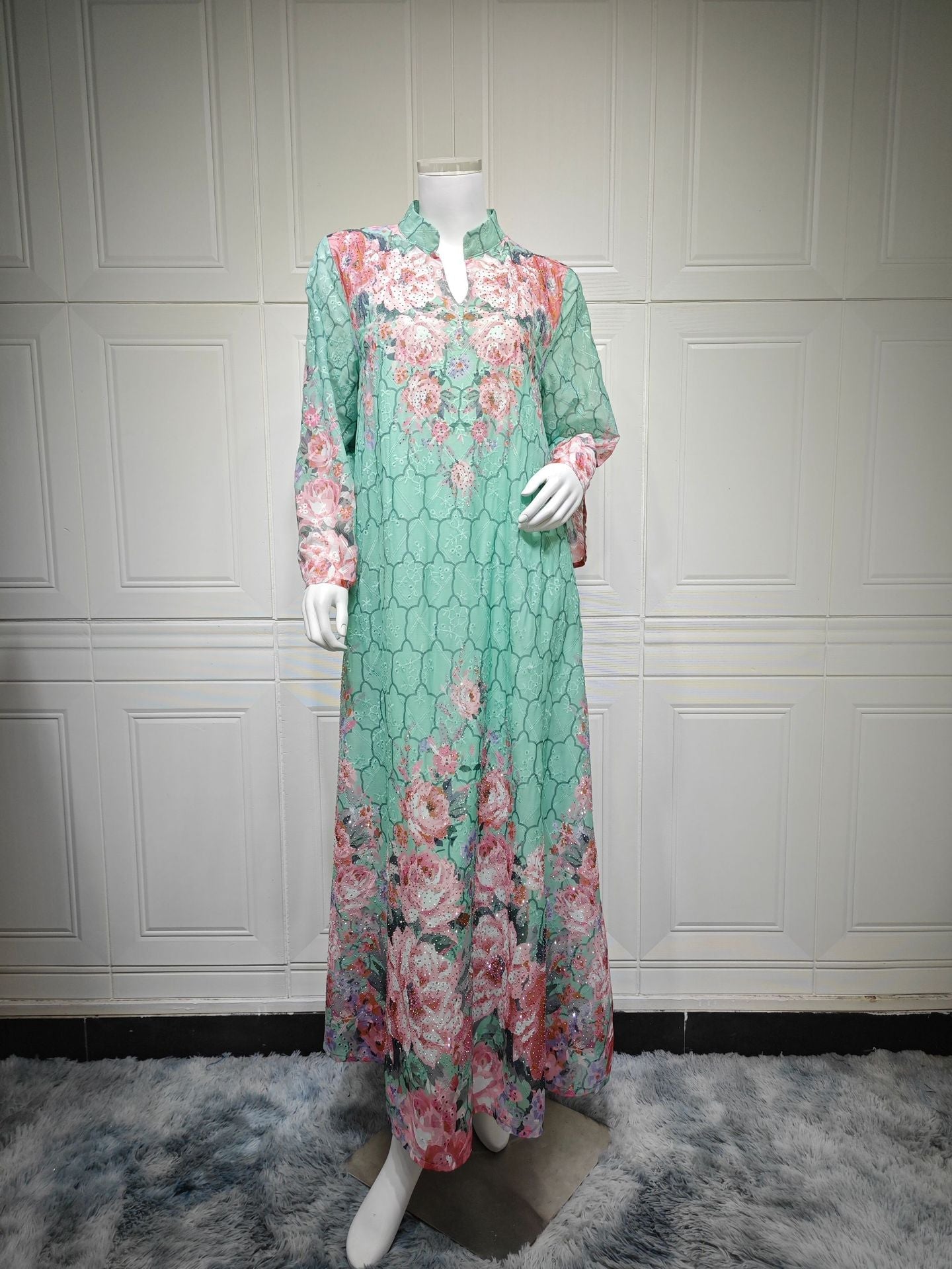 LM6636 Floral Print Embroidered Long Dress