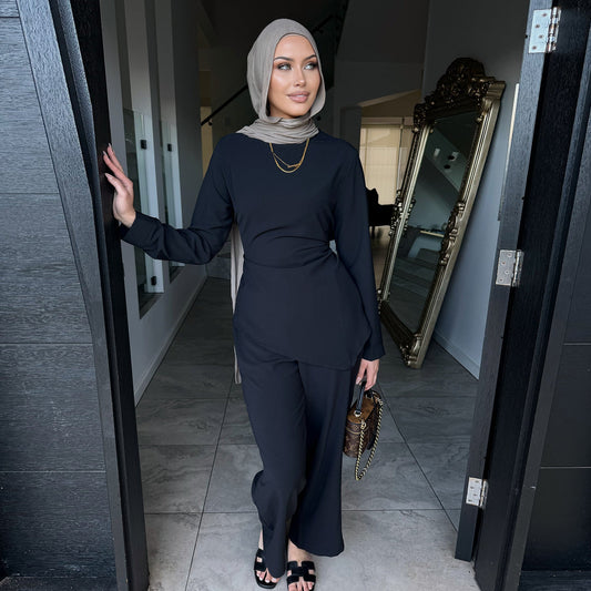HA6614 Modest Nida Two-Piece Set with Waist Tie & Pocket Trousers