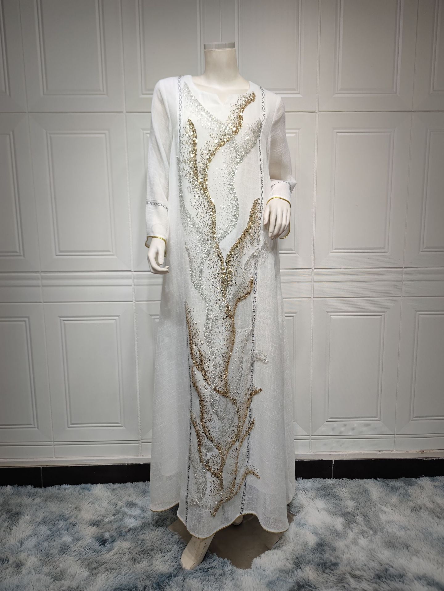 LM6637  Mesh Sequined Embroidered Long Dress