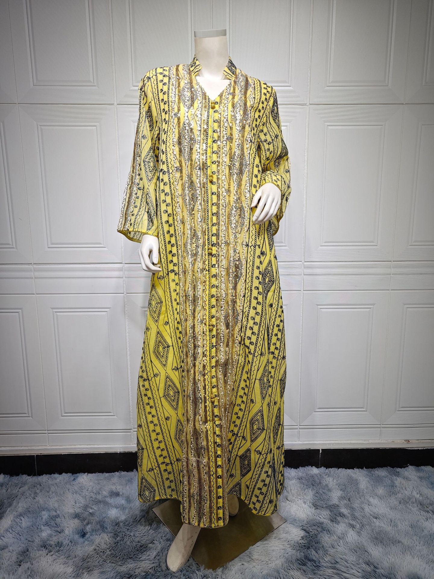 LM6662 Mesh embroidery sequin patchwork long-sleeved dress, loose robe style