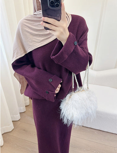 LM6597 Autumn and winter thickened knitted suit solid color two-piece suit (excluding headscarf) top + skirt