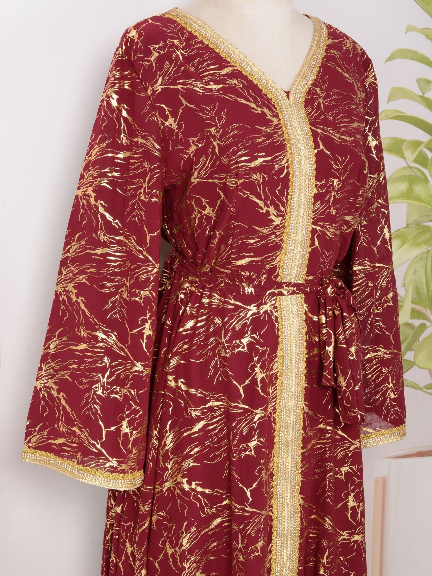 HS6731 V-neck gold-embroidered robe maxi dress