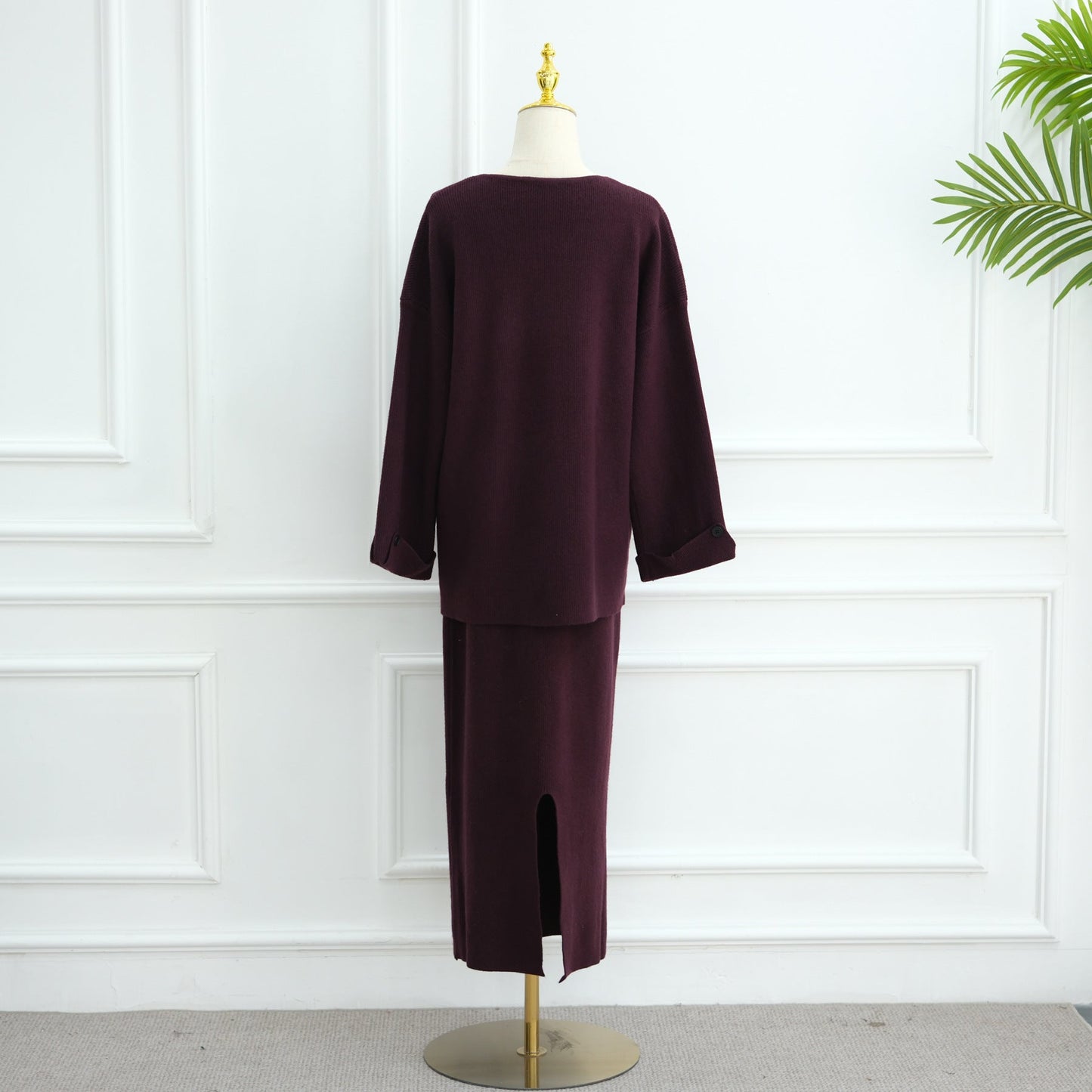 LM6597 Autumn and winter thickened knitted suit solid color two-piece suit (excluding headscarf) top + skirt