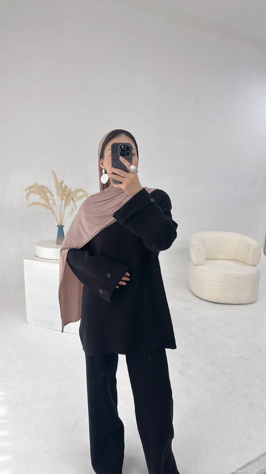 LM6600 Autumn and winter thickened knitted suit solid color two-piece suit (headscarf not included) cuff button design