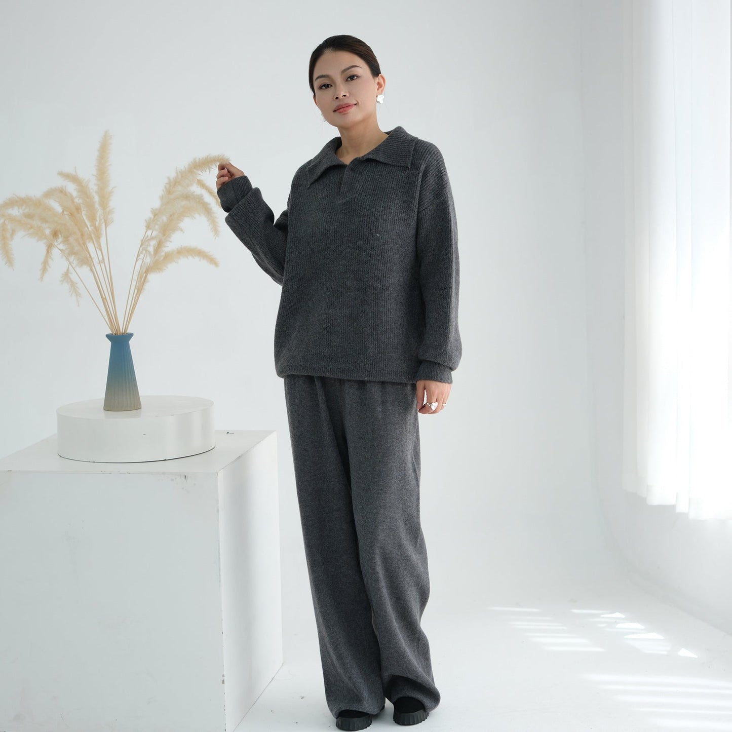 LM6594 Autumn and Winter Thickened Knitted Suit | Simple Solid Color Two-piece Suit