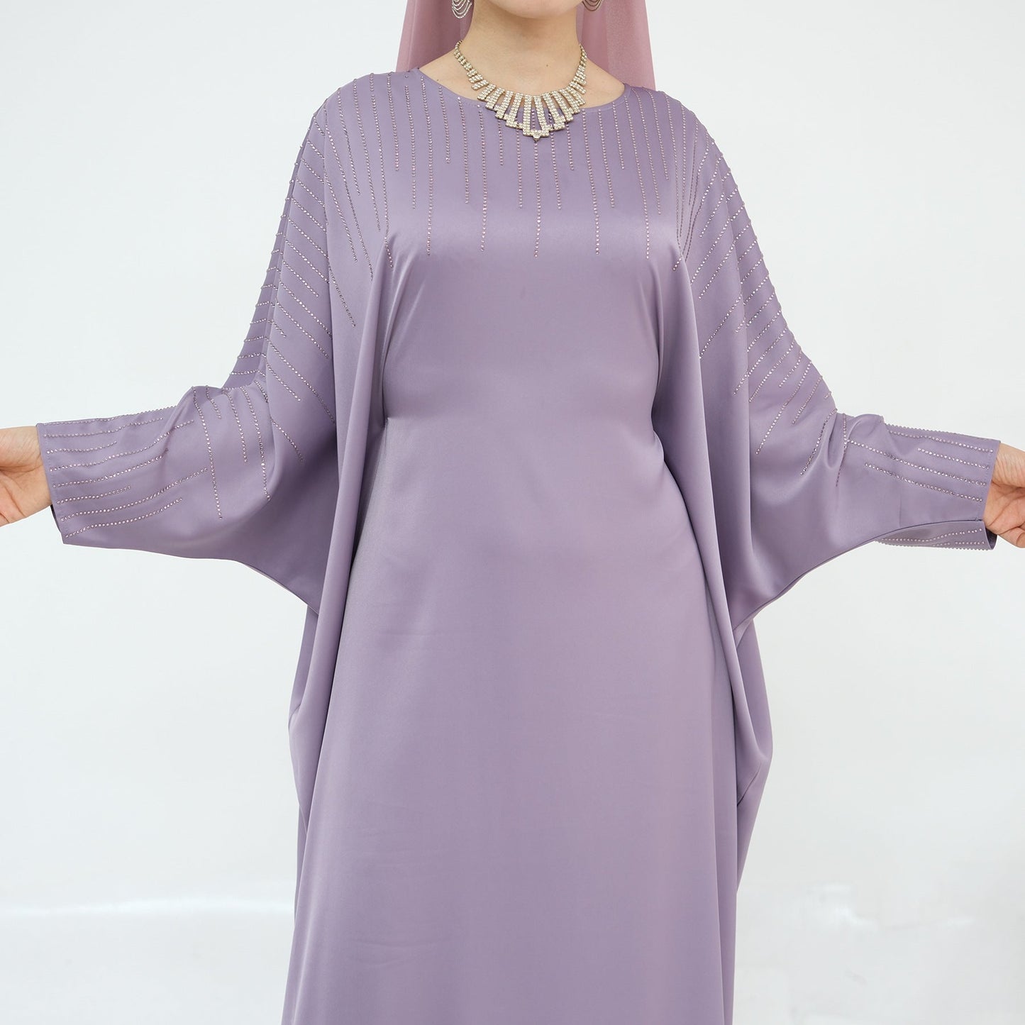 LM6610 Rhinestone-embellished long Abaya dress (headscarf not included)