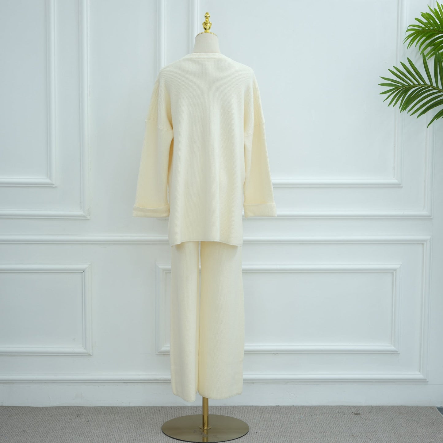 LM6599 Autumn and Winter Thickened Knitted Suit Solid Color Two-piece Suit (excluding Headscarf) Top + Trousers