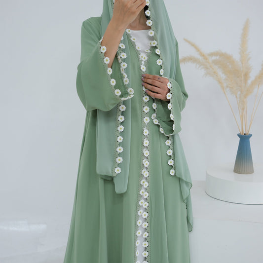 LM6616 Green Flower Stitching Cardigan Two-Piece Set (Including Headscarf)