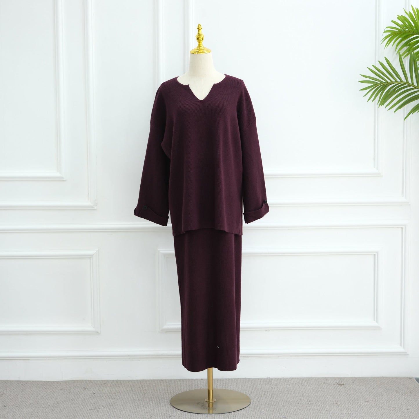 LM6597 Autumn and winter thickened knitted suit solid color two-piece suit (excluding headscarf) top + skirt